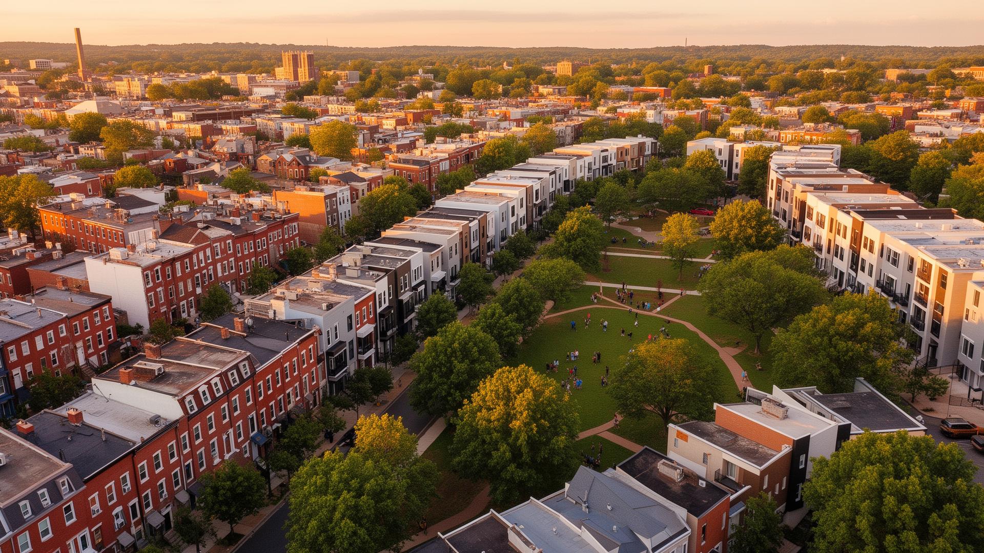 Aerial view of revitalized Baltimore neighborhood